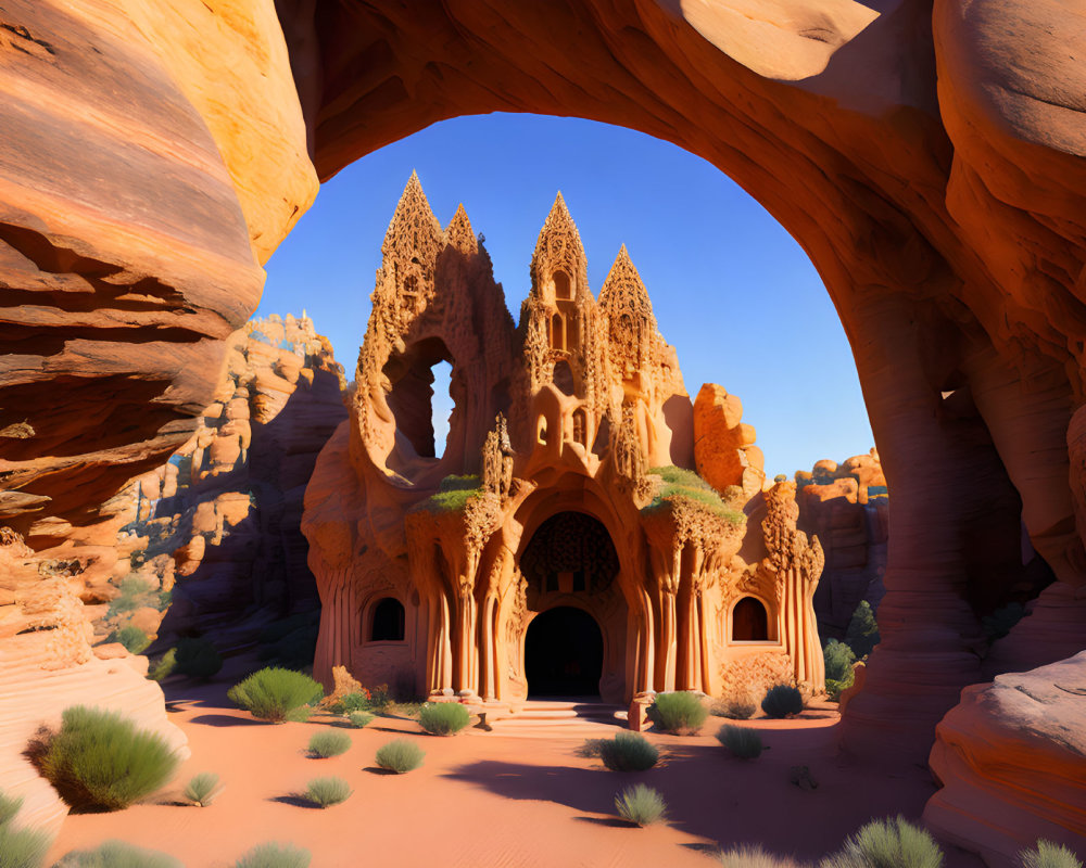 Sunlit sandstone cathedral in fantastical desert landscape