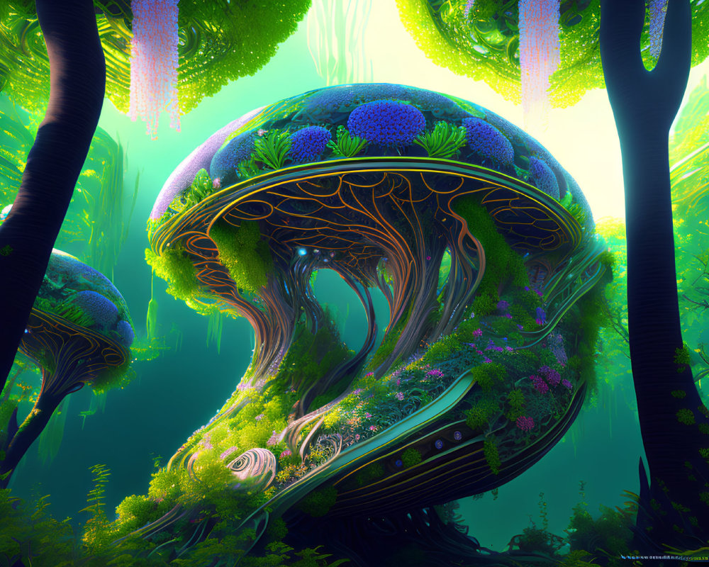 Luminous forest with mushroom-shaped trees and vibrant plants