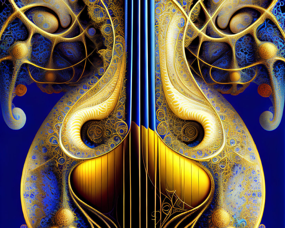 Symmetrical fractal design with golden patterns on deep blue background