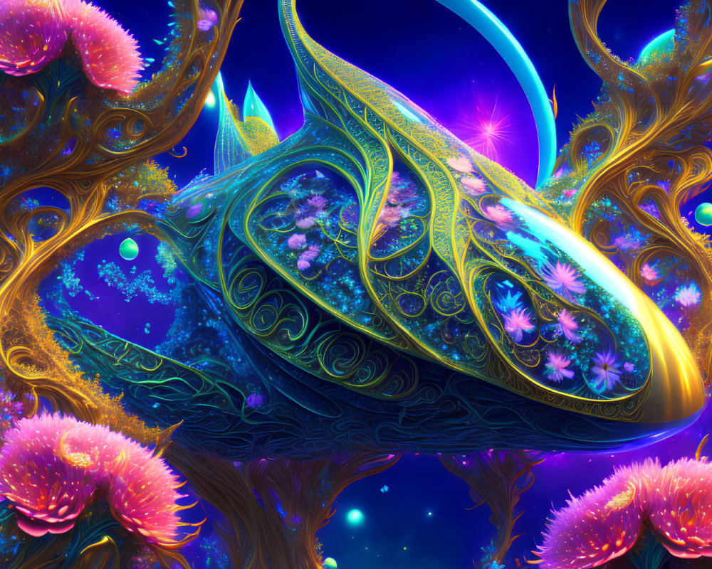 Colorful psychedelic digital art: ornate tree-like structures, swirling patterns, blooming flowers against cosmic