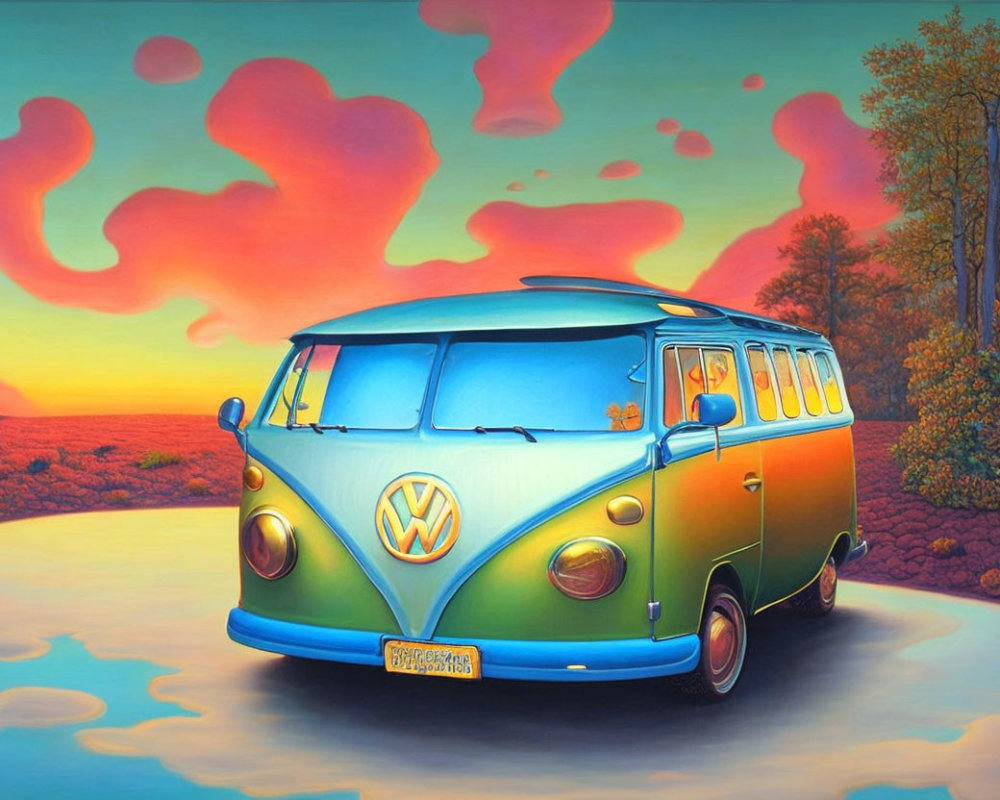 Volkswagen Bus Painting with Sunset Sky and Trees