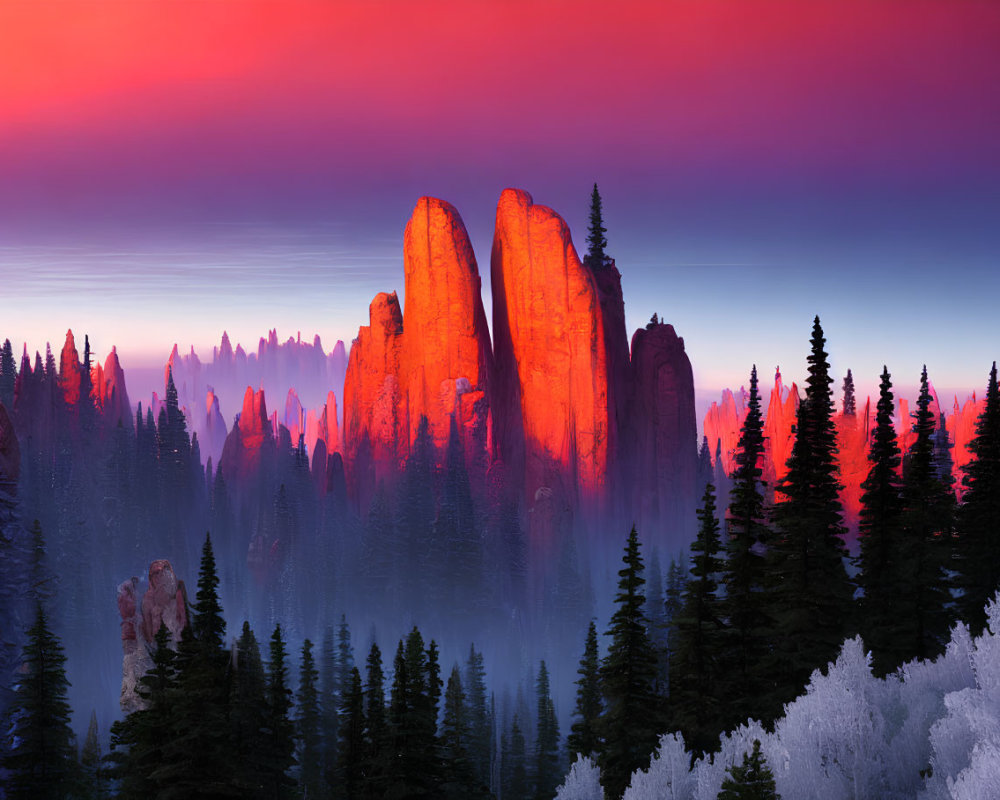 Scenic sunrise over misty forest with rock formations and colorful sky