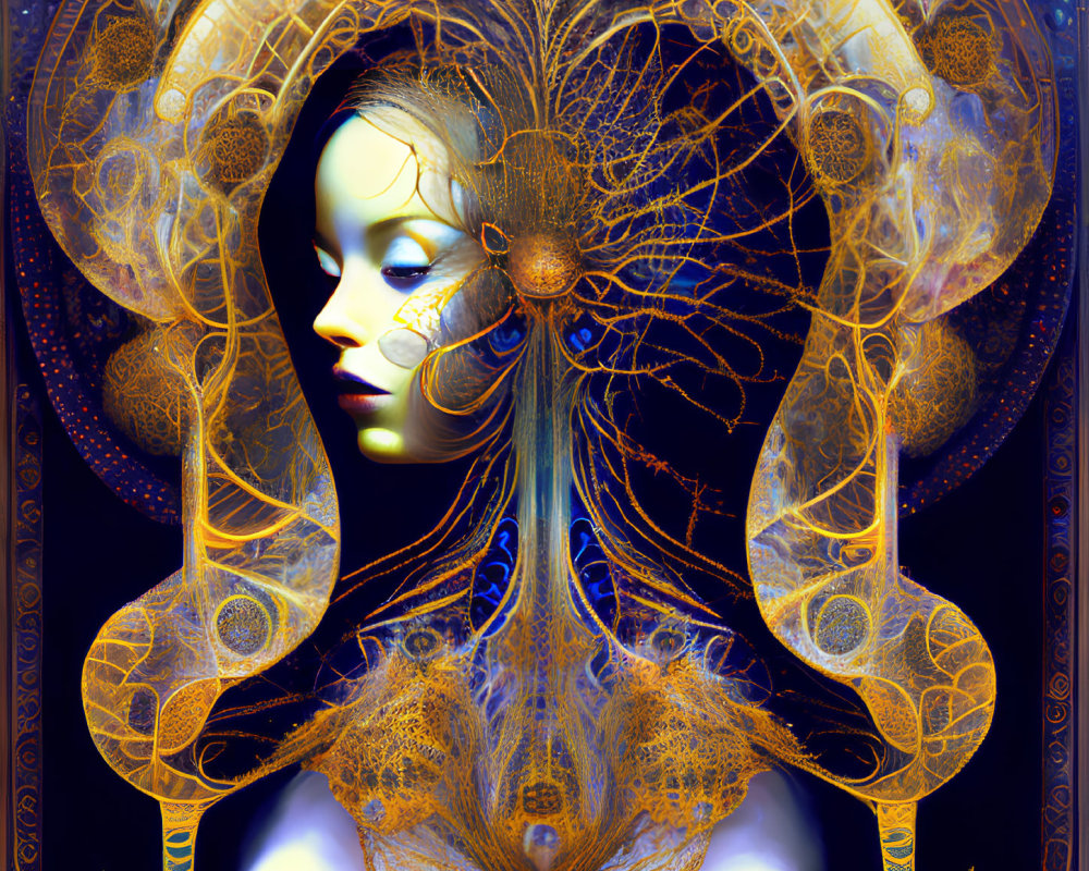 Stylized digital artwork of a female figure with intricate golden patterns.