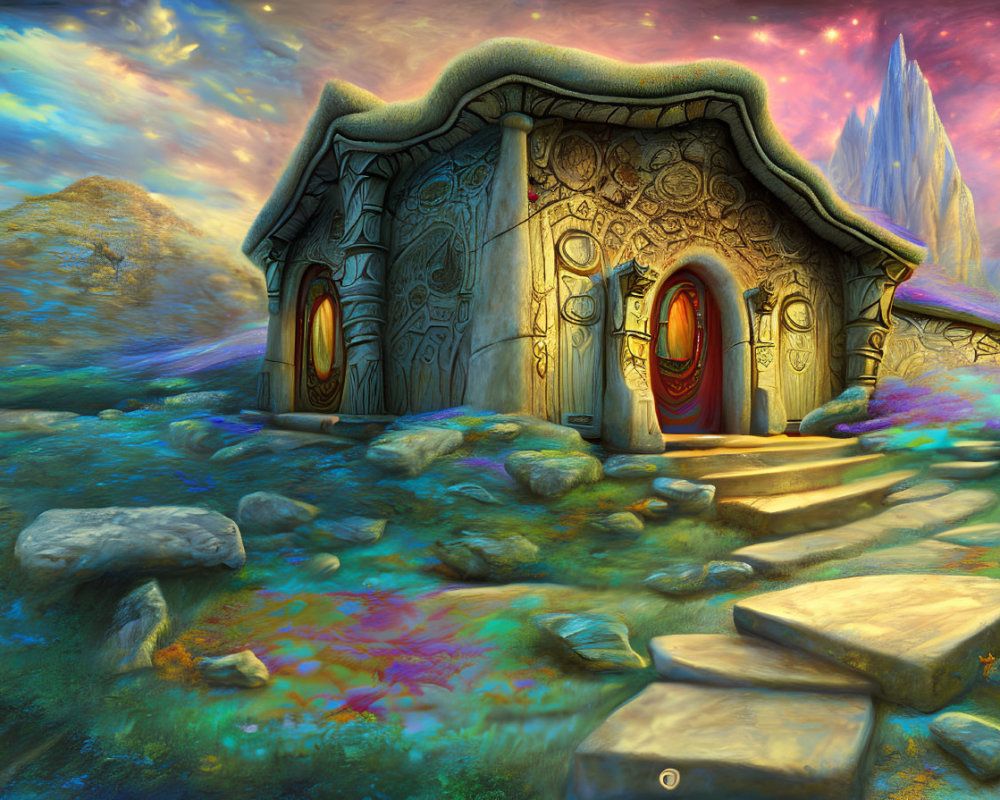 Colorful Cottage with Intricate Designs in Fantasy Landscape