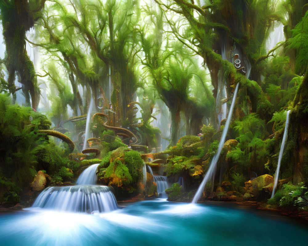 Mystical forest with mist, waterfalls, greenery, twisted trees, and floating orbs