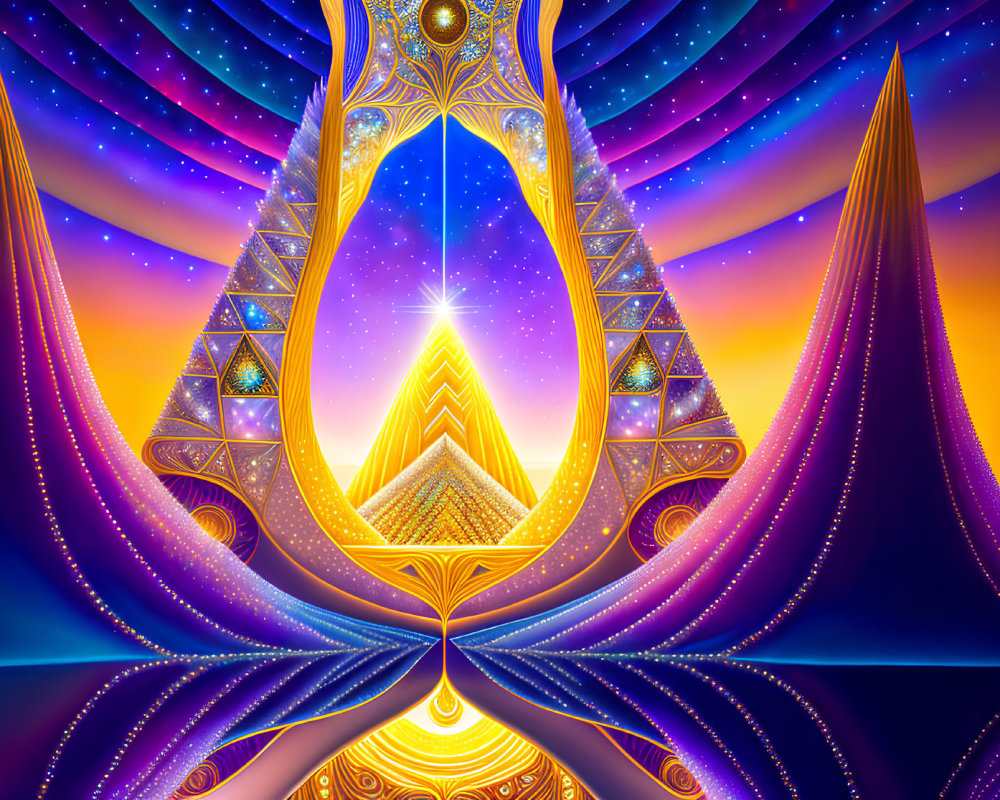 Geometric Patterns and Glowing Pyramid in Cosmic Digital Art