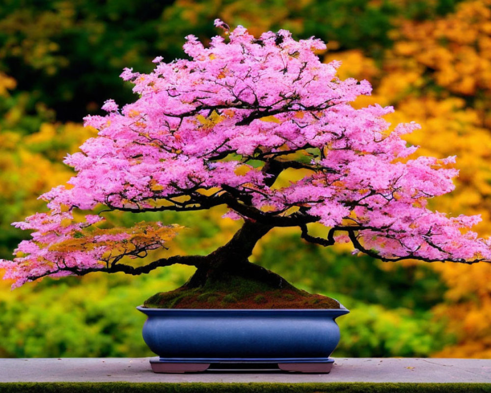 Pink bonsai tree in bloom in blue pot on autumn background