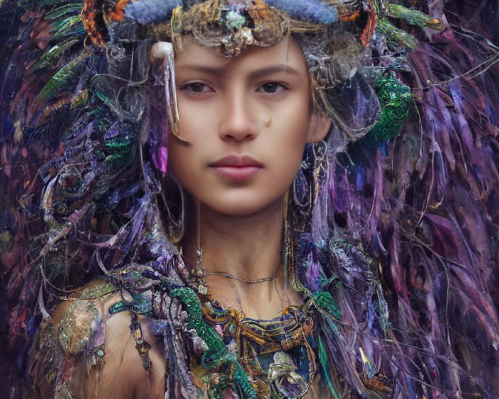 Elaborate Feathered Headdress and Crystal-Studded Costume Portrait