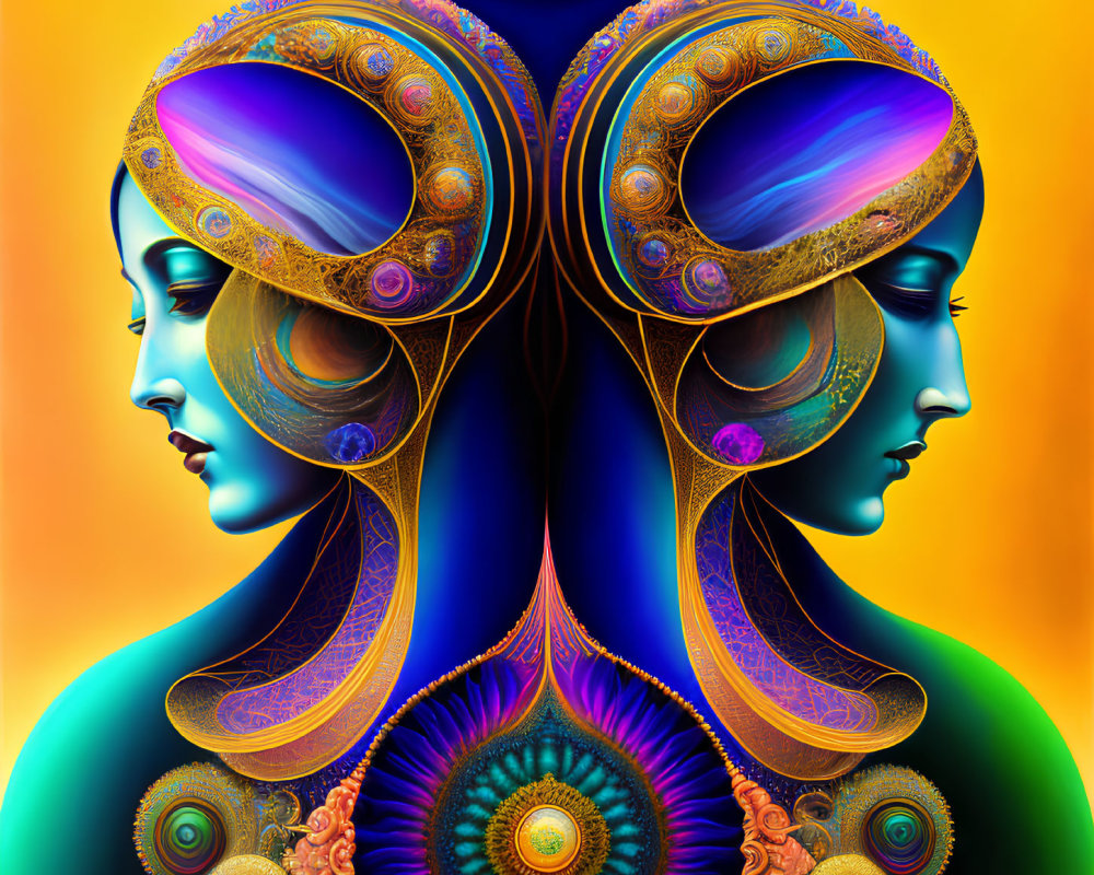 Vibrant digital artwork of mirrored woman profiles with peacock headdresses