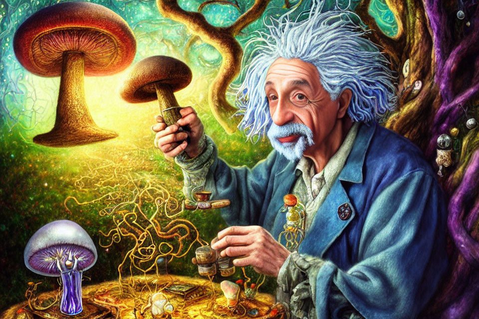 Whimsical Albert Einstein caricature with mushrooms in colorful illustration