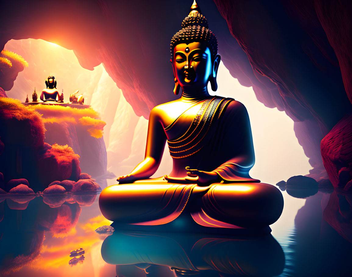 Large Buddha statue meditating in mystical cave with water reflection