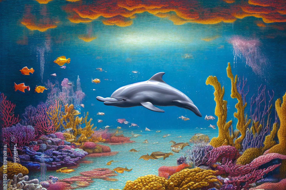 Colorful underwater scene with dolphin, coral, fish, and sky-like surface