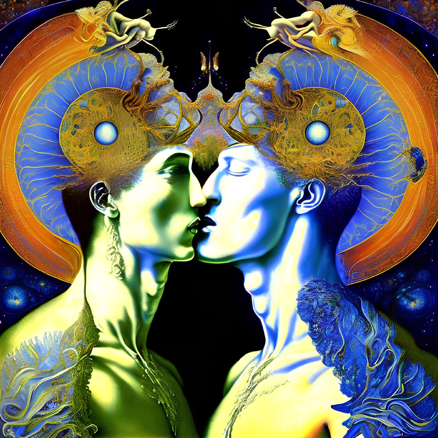 Stylized figures in mirrored pose with elaborate headpieces on dark celestial background