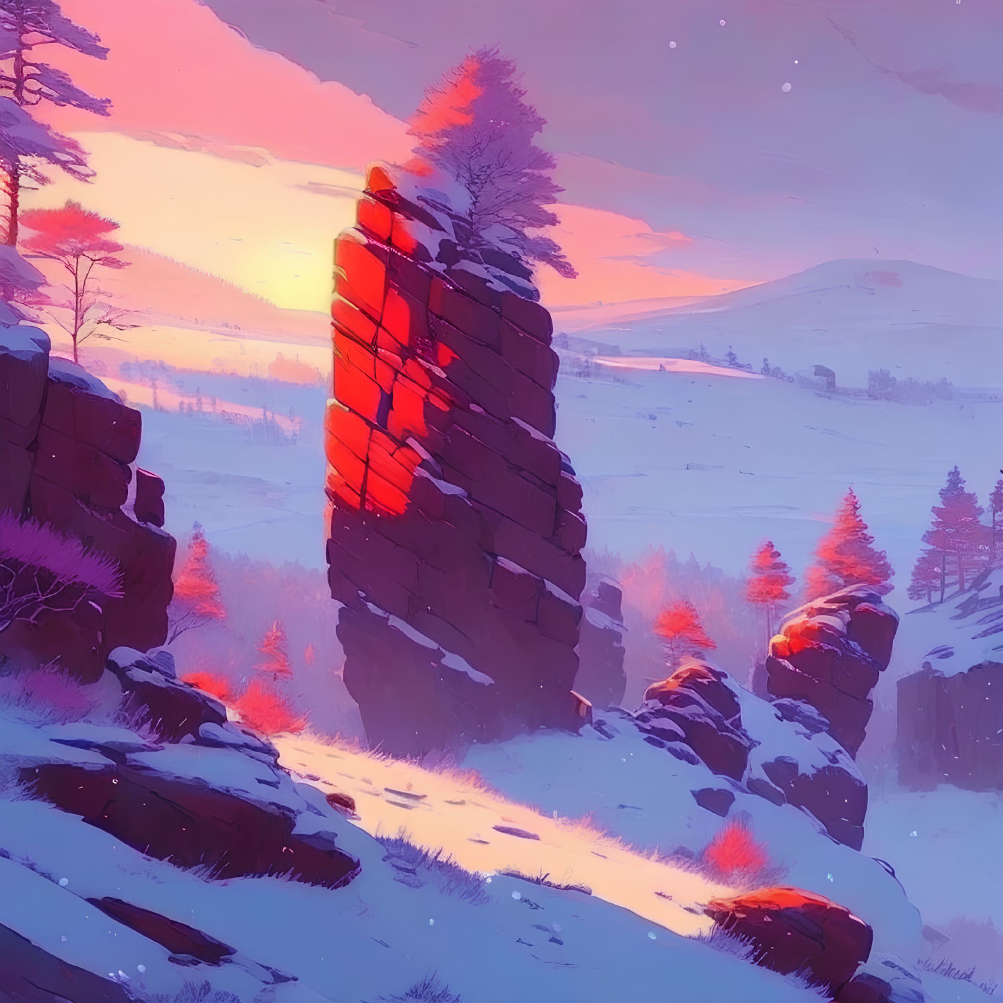 Snowy Winter Sunset Landscape with Glowing Rock Formation