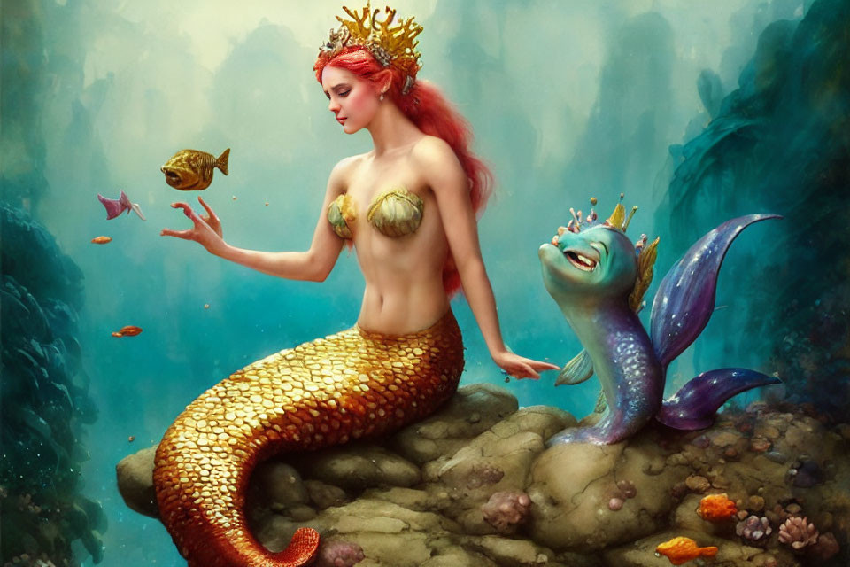 Golden-tailed mermaid with coral crown underwater surrounded by fish