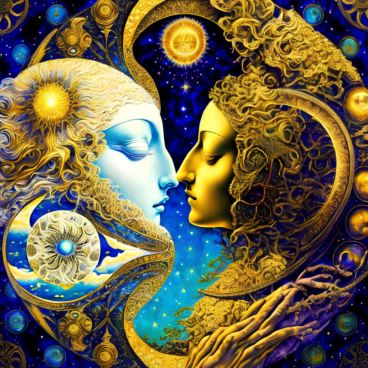 Ornate celestial and oceanic faces on vivid blue background