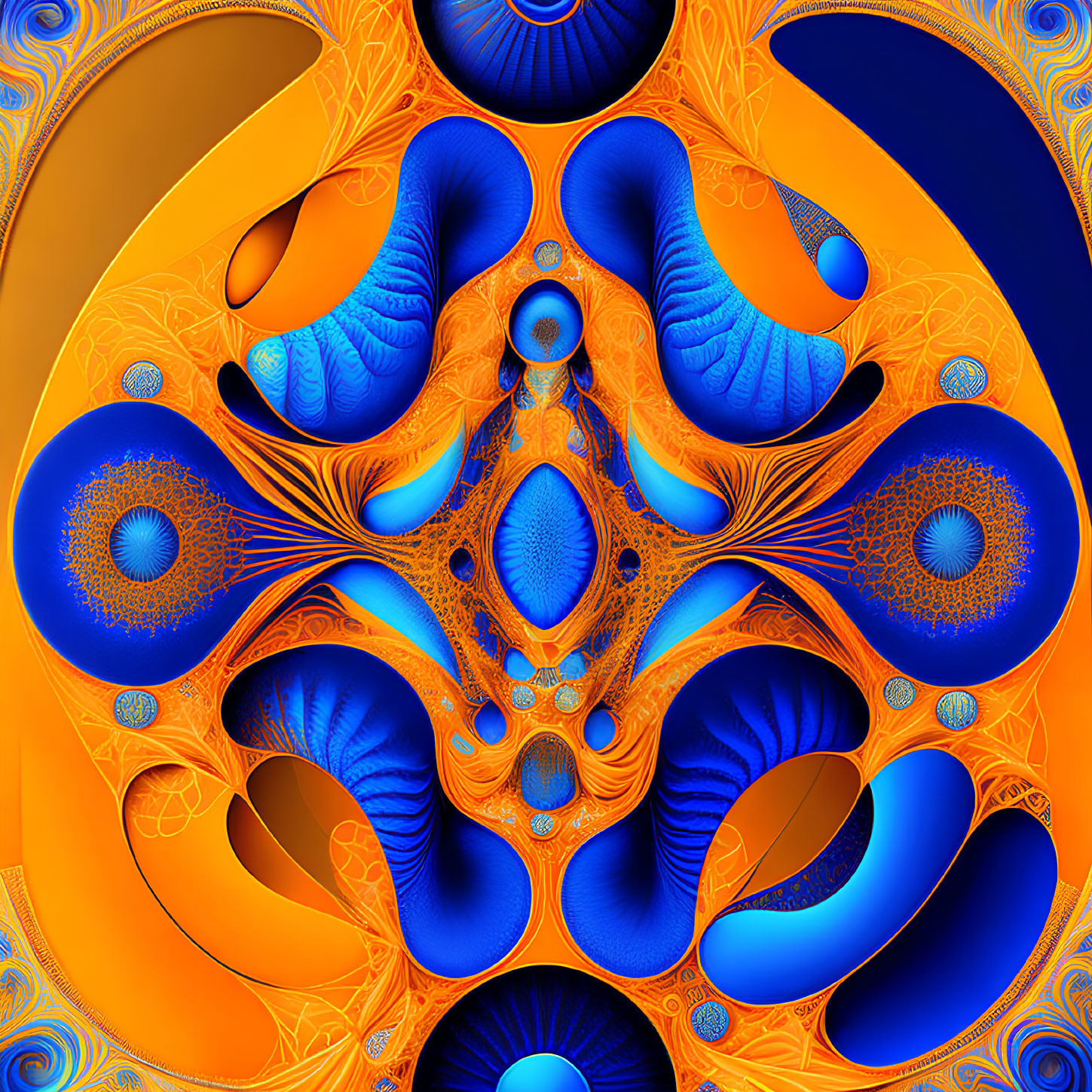 Symmetrical blue and orange fractal design with kaleidoscope pattern
