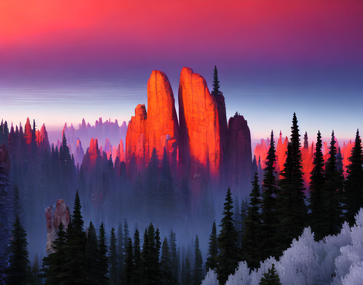 Scenic sunrise over misty forest with rock formations and colorful sky