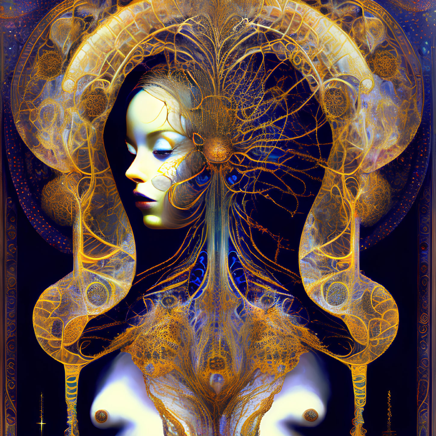 Stylized digital artwork of a female figure with intricate golden patterns.