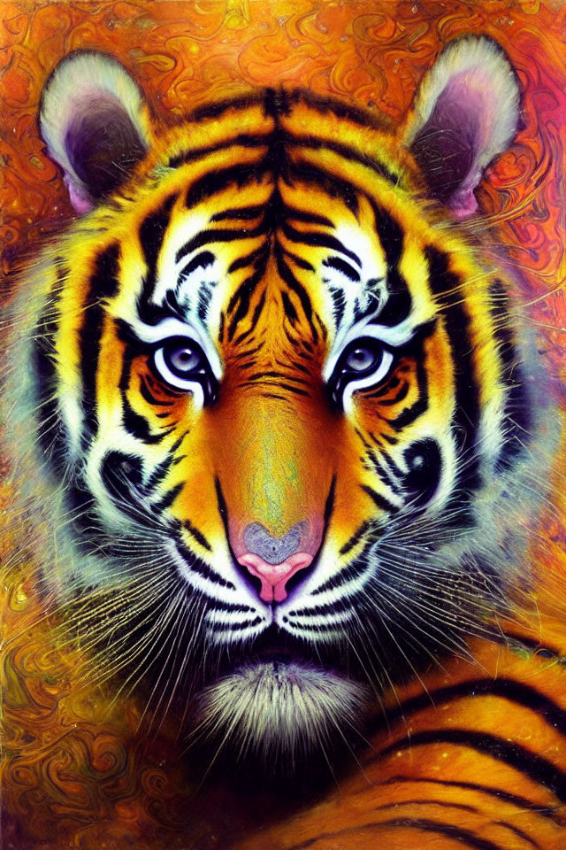 Colorful Tiger Face Artwork with Striking Orange, Yellow, and Black Patterns