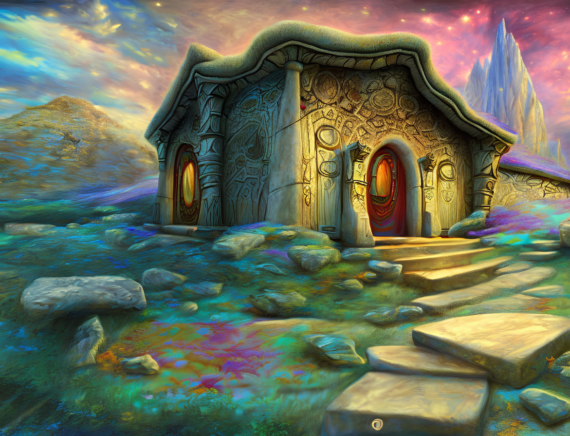 Colorful Cottage with Intricate Designs in Fantasy Landscape