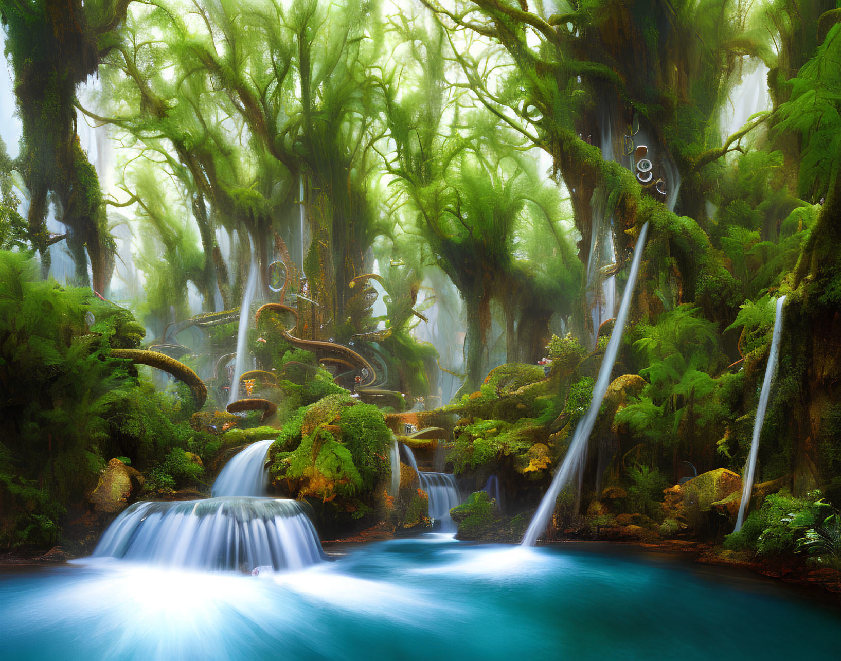 Mystical forest with mist, waterfalls, greenery, twisted trees, and floating orbs