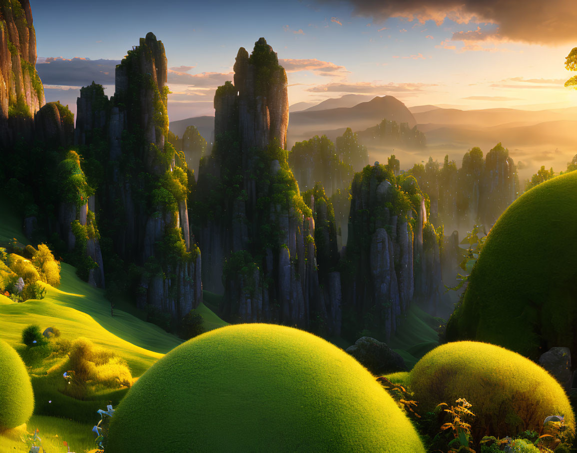 Mystical landscape with towering rock formations and lush greenery at sunrise