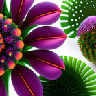 Fantastical digital art: Vibrant purple and green plants with circular leaves and star-shaped flowers