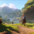 Animated warrior in brown outfit with sword in lush mountain landscape