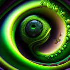 Colorful fractal art: Green and purple swirl with bubbly textures forming abstract eye spiral