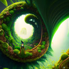 Vibrant digital artwork: Spiral ecosystem with lush green foliage