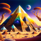 Surreal landscape with central pyramid, cosmic sky, trees, and mushrooms