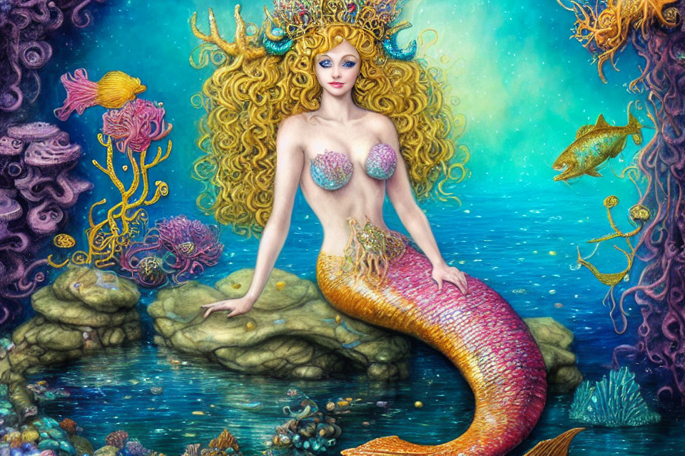 Colorful Mermaid Illustration with Blonde Hair and Vibrant Tail Undersea