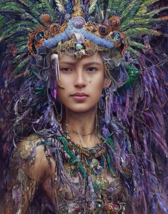 Elaborate Feathered Headdress and Crystal-Studded Costume Portrait