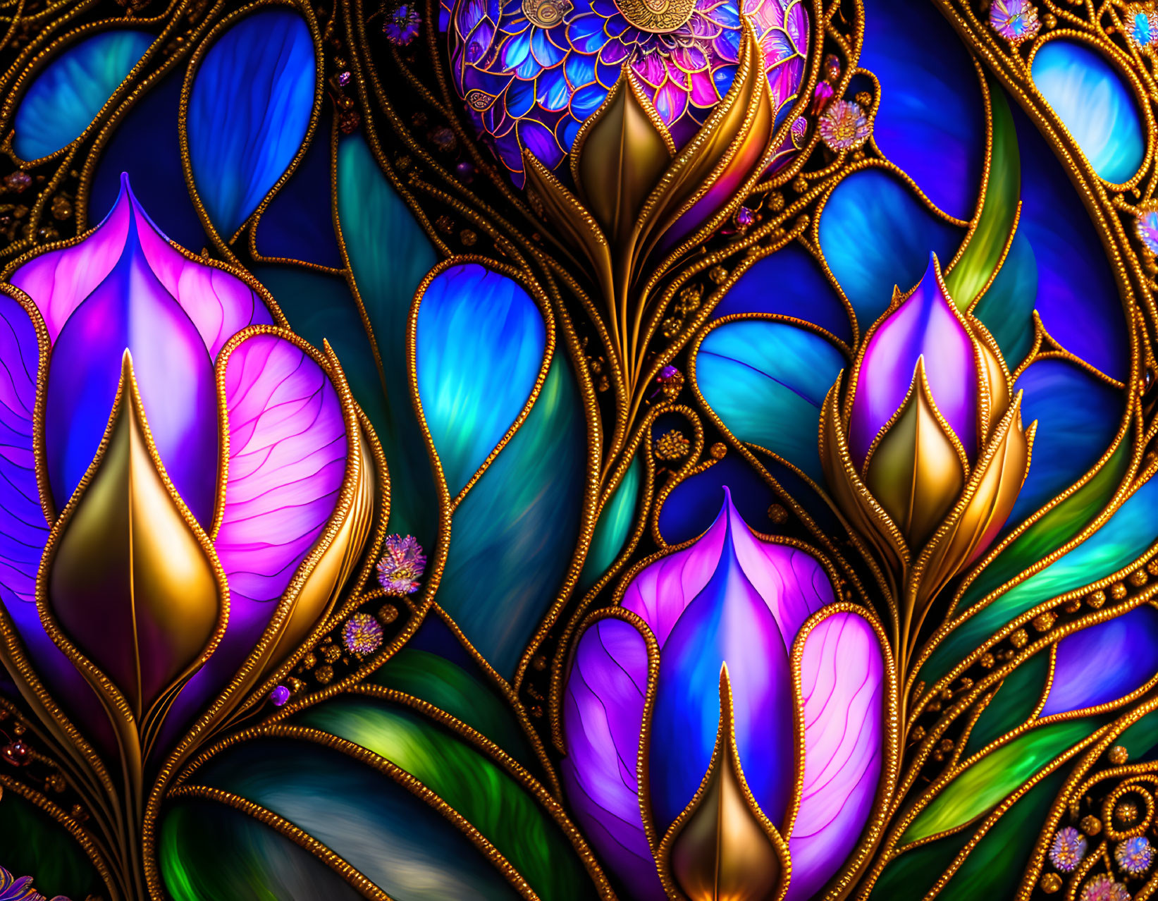 Colorful Stained Glass Style Design with Purple, Blue, and Gold Floral Patterns