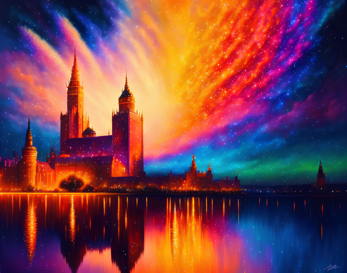 Colorful castle illustration by lakeside with aurora-lit sky.