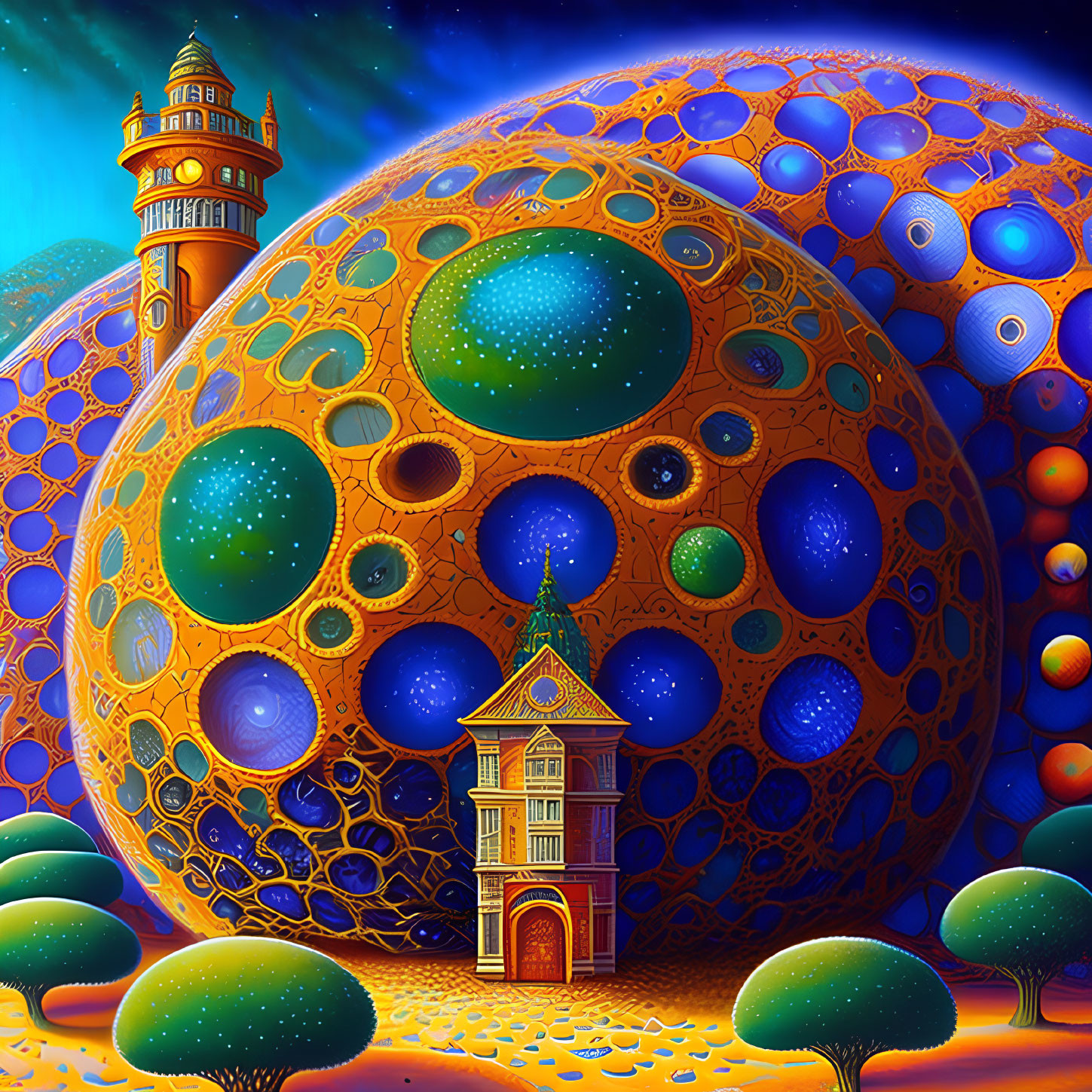 Colorful Surrealist Artwork Featuring Ornate Sphere and Starry Sky
