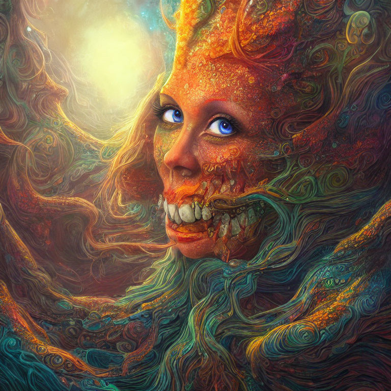 Colorful surreal portrait with human features and swirling patterns on cosmic background.