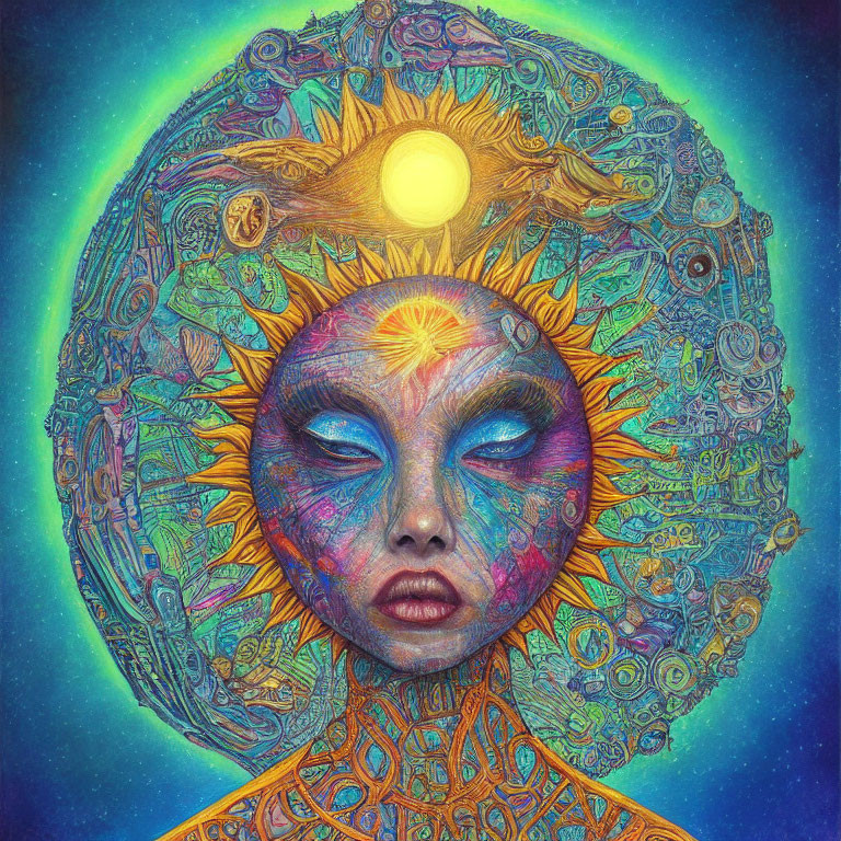 Colorful Artwork of Face with Closed Eyes and Sun Against Cosmic Background
