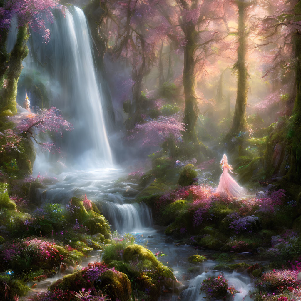 Enchanting forest with waterfall, pink trees, and woman in ethereal light