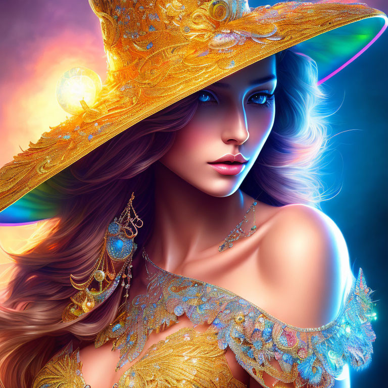 Woman with luminous skin and golden hat in vibrant neon colors