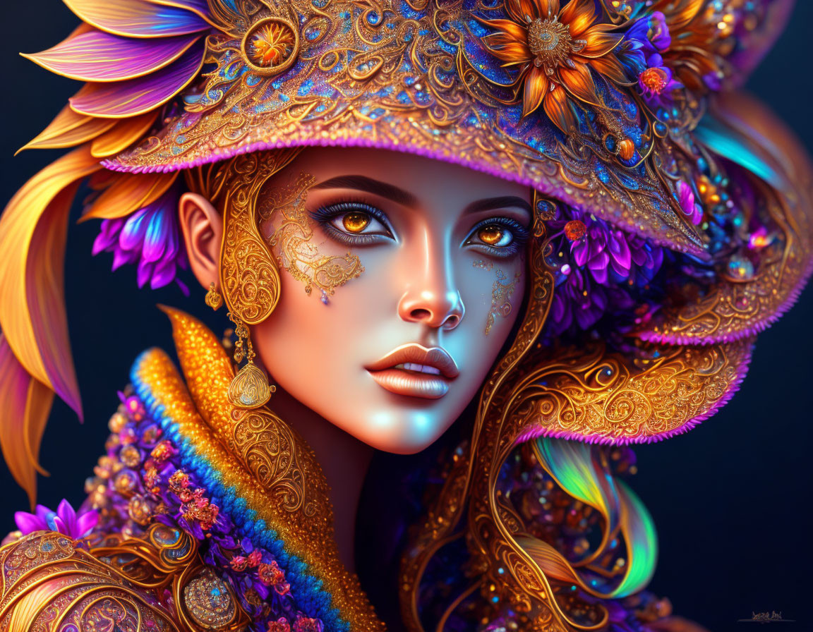 Digital artwork of woman with golden headgear and garments, vibrant hues, detailed textures