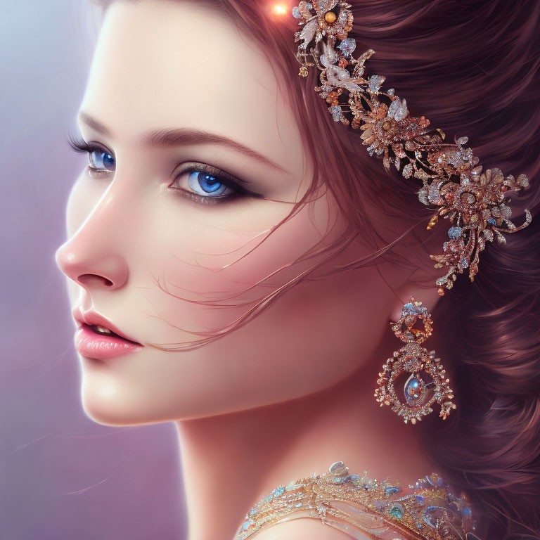 Detailed digital illustration: Woman with blue eyes and ornate gold accessories