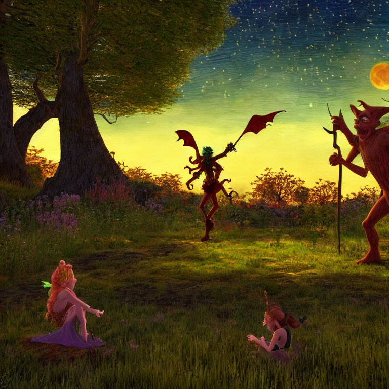 Fantasy Artwork: Mythical Creatures and Fairies in Enchanted Forest at Twilight