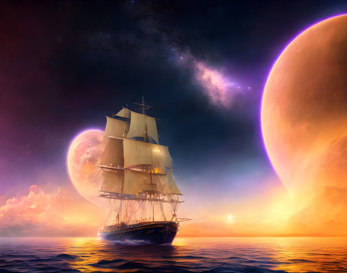 Sailing ship on tranquil ocean with fantastical sky and oversized planets