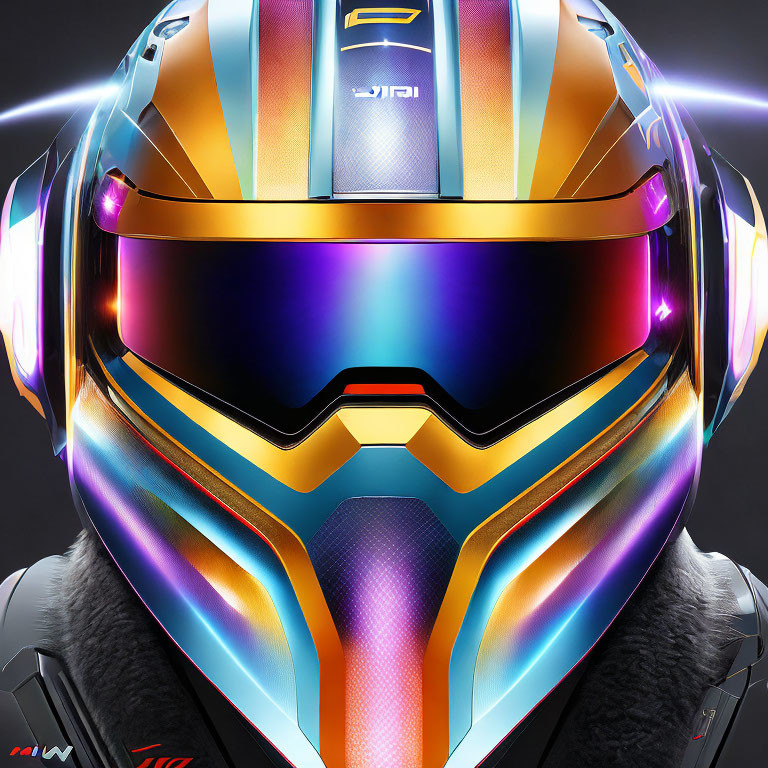 Colorful Futuristic Helmet with Reflective Visor and Neon Designs