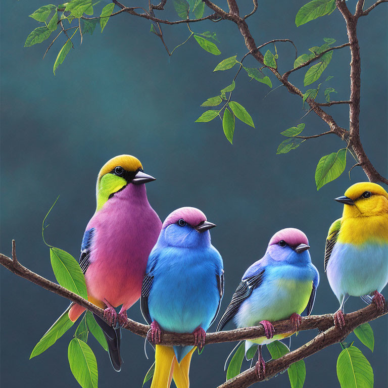 Vibrant Birds on Branch with Green Leaves on Dark Background