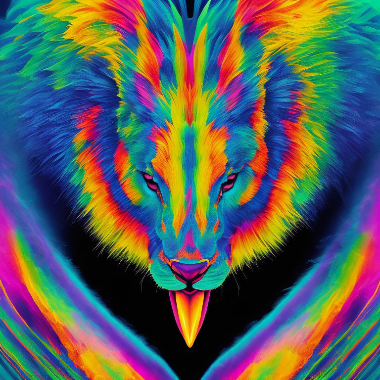 Symmetric neon lion digital artwork with vibrant color palette