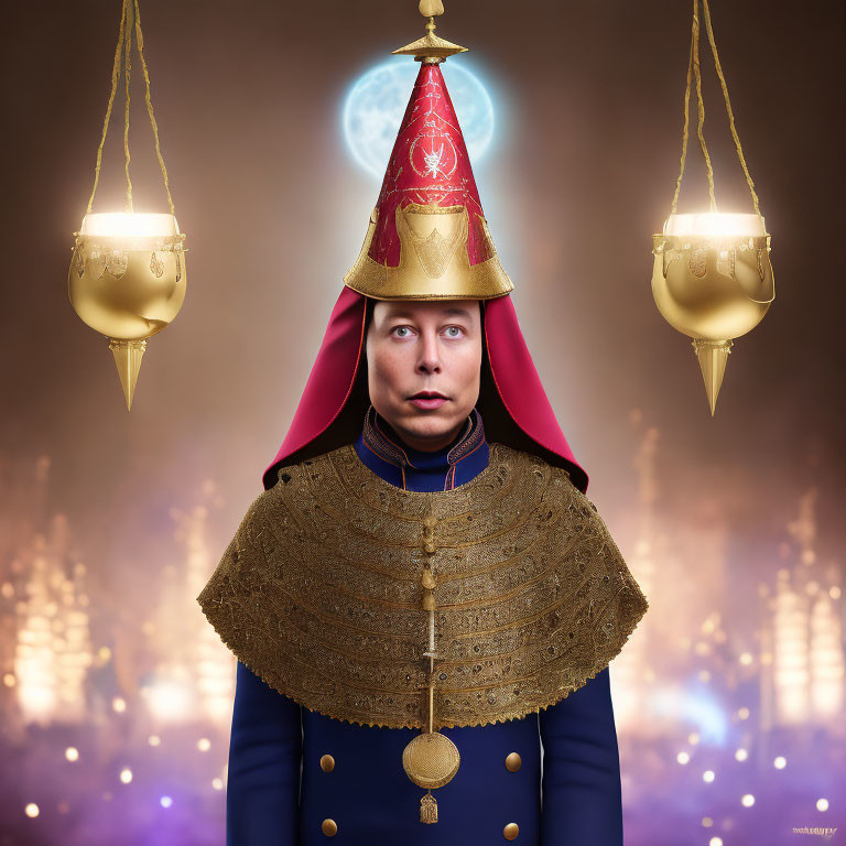 Medieval fantasy costume with red conical hat and golden shoulder armor in front of mystical backdrop