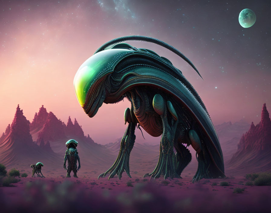 Sci-fi landscape with alien creature, smaller beings, mountains, purple sky.